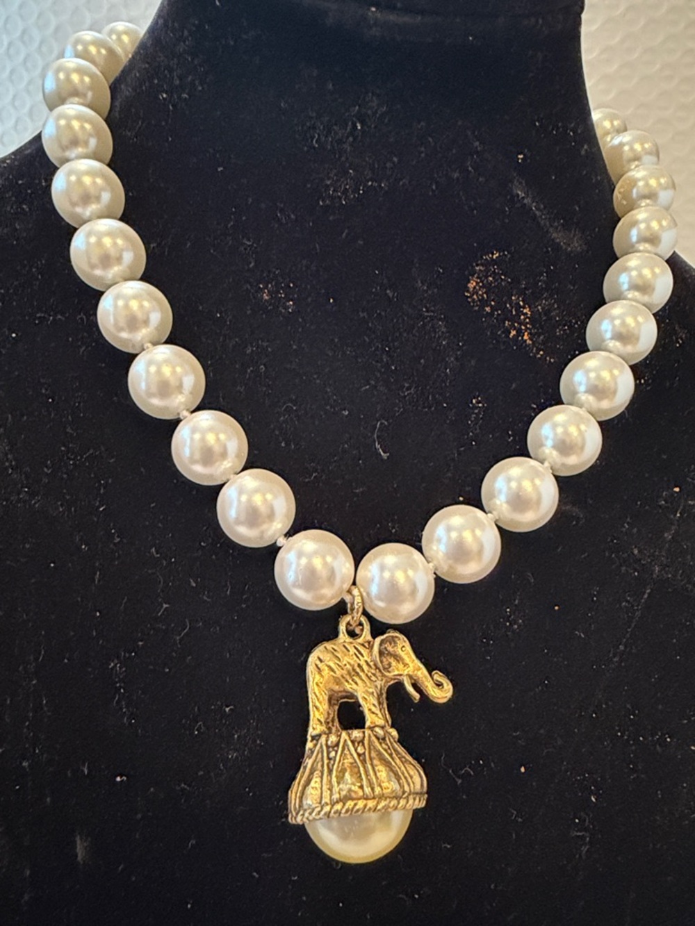 Pearl Bead Necklace with Gold Elephant Pendant - Women Jewelry
